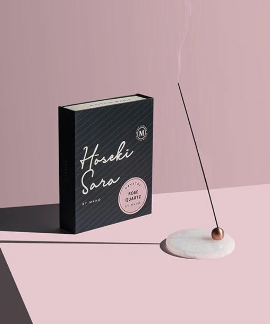 Maho Hoseki Sara rose quartz incense burner holder with smooth polished surface and elegant design for burning incense sticks.