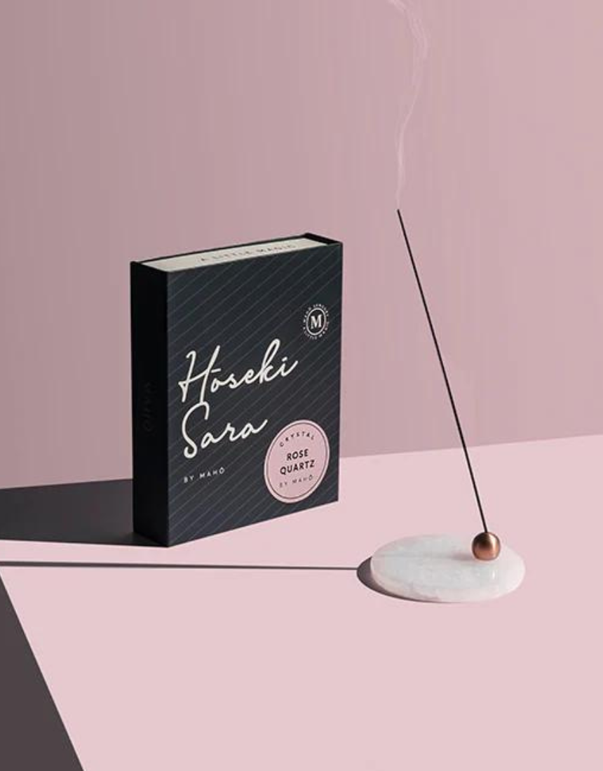 Maho Hoseki Sara rose quartz incense burner holder with smooth polished surface and elegant design for burning incense sticks.