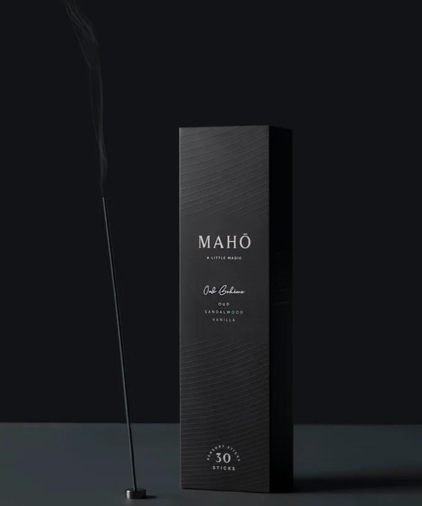 Maho Oud Boheme incense sticks with sleek packaging, showcasing the luxurious fragrance and elegant design.