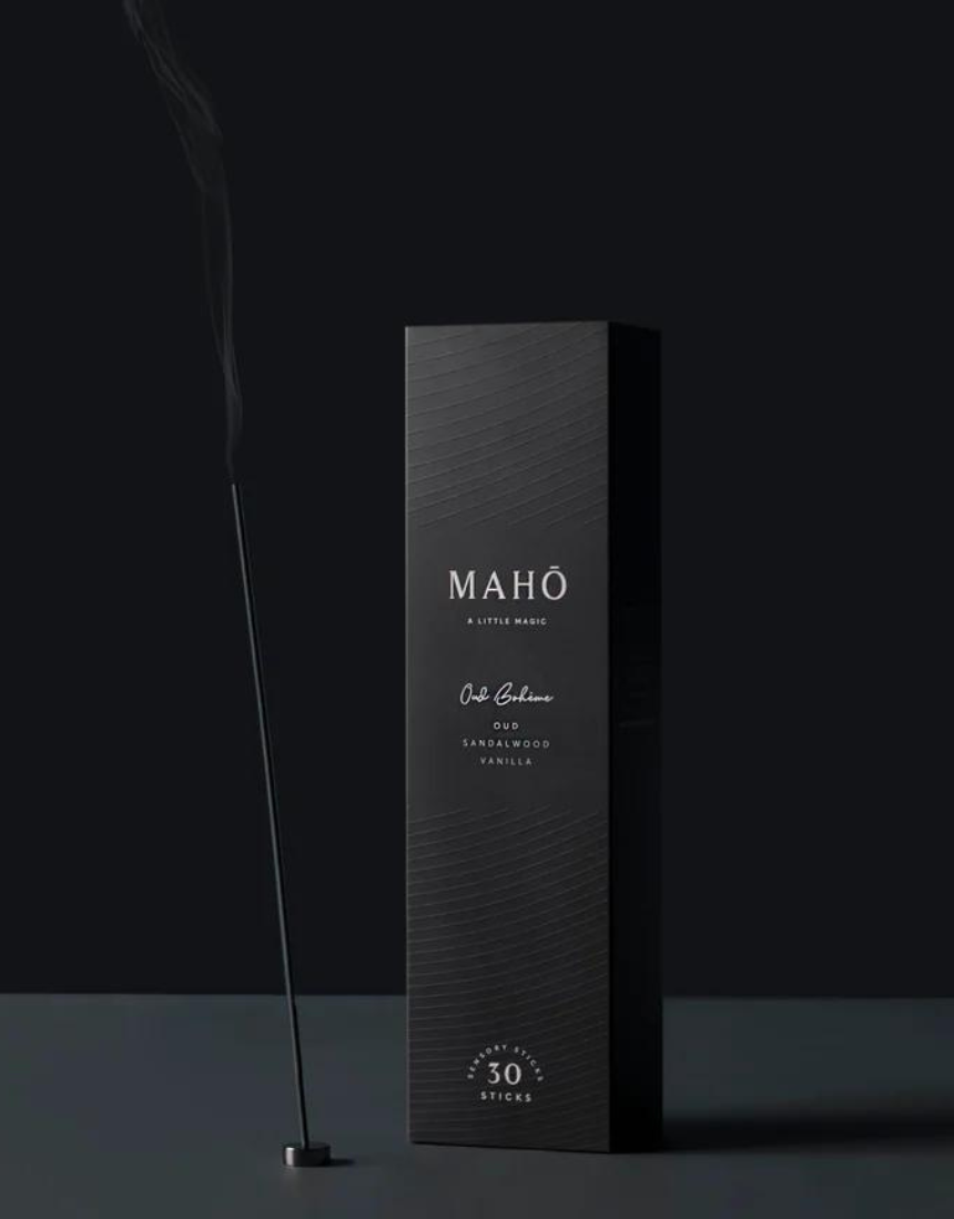 Maho Oud Boheme incense sticks with sleek packaging, showcasing the luxurious fragrance and elegant design.
