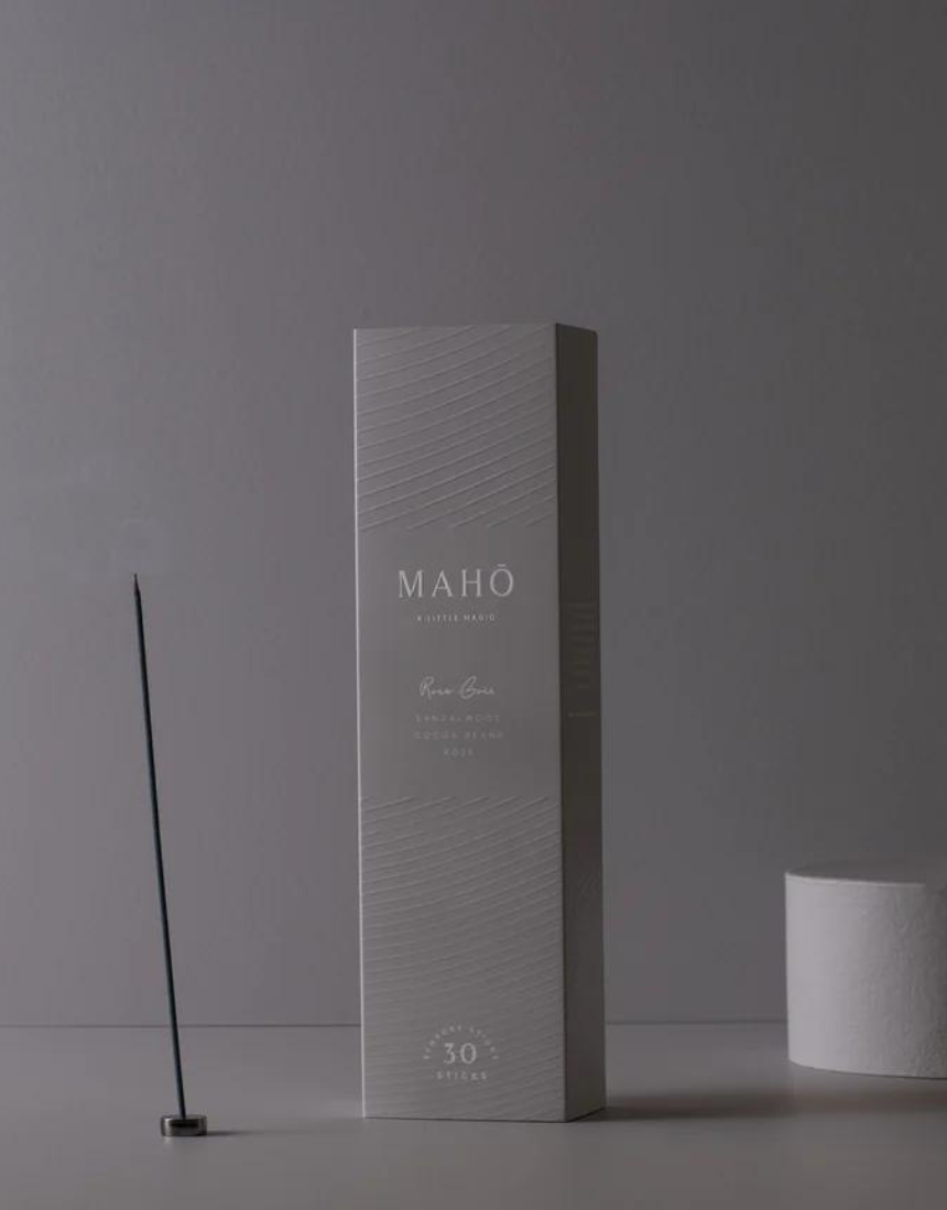 Maho Rose Bois Incense sticks in a box, featuring floral and woody aroma packaging for aromatic burning.