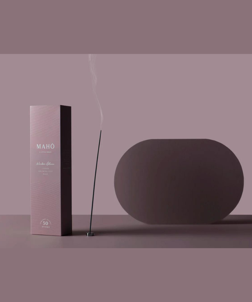 Maho Wander Bloom Incense sticks in a box with floral and botanical design, showcasing the product's natural and calming appeal.