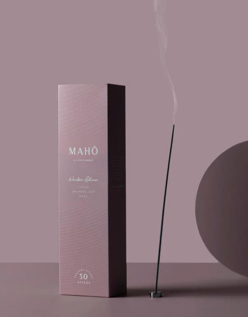 Maho Wander Bloom incense bundle with aromatic sticks and floral packaging, ideal for creating a calming, fragrant atmosphere.