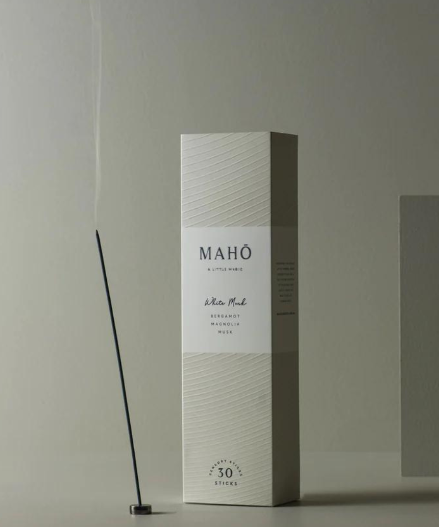 Maho White Musk Incense sticks in a package, featuring soft white packaging and a clean, calming design.