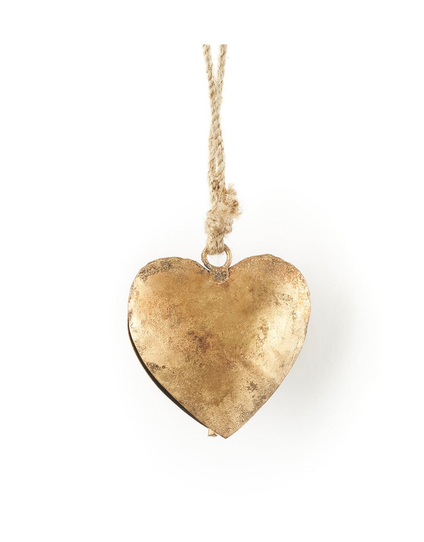 Matr Boomie Alaya Heart Wind Chime with metal and wooden accents hanging with bells and decorative heart design.