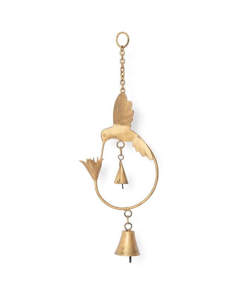 Matr Boomie Mitra hummingbird and lily wind chime hanging with metal tubes and colorful decorative elements.