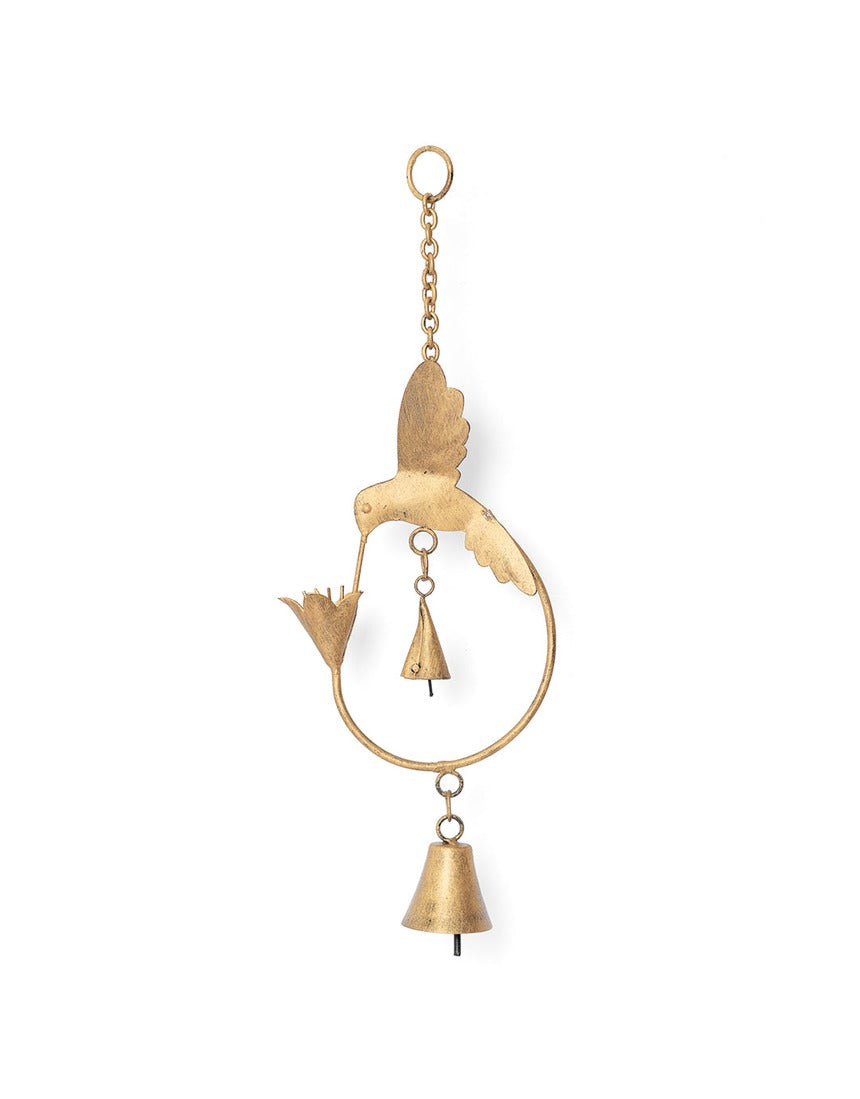 Matr Boomie Mitra hummingbird and lily wind chime hanging with metal tubes and colorful decorative elements.