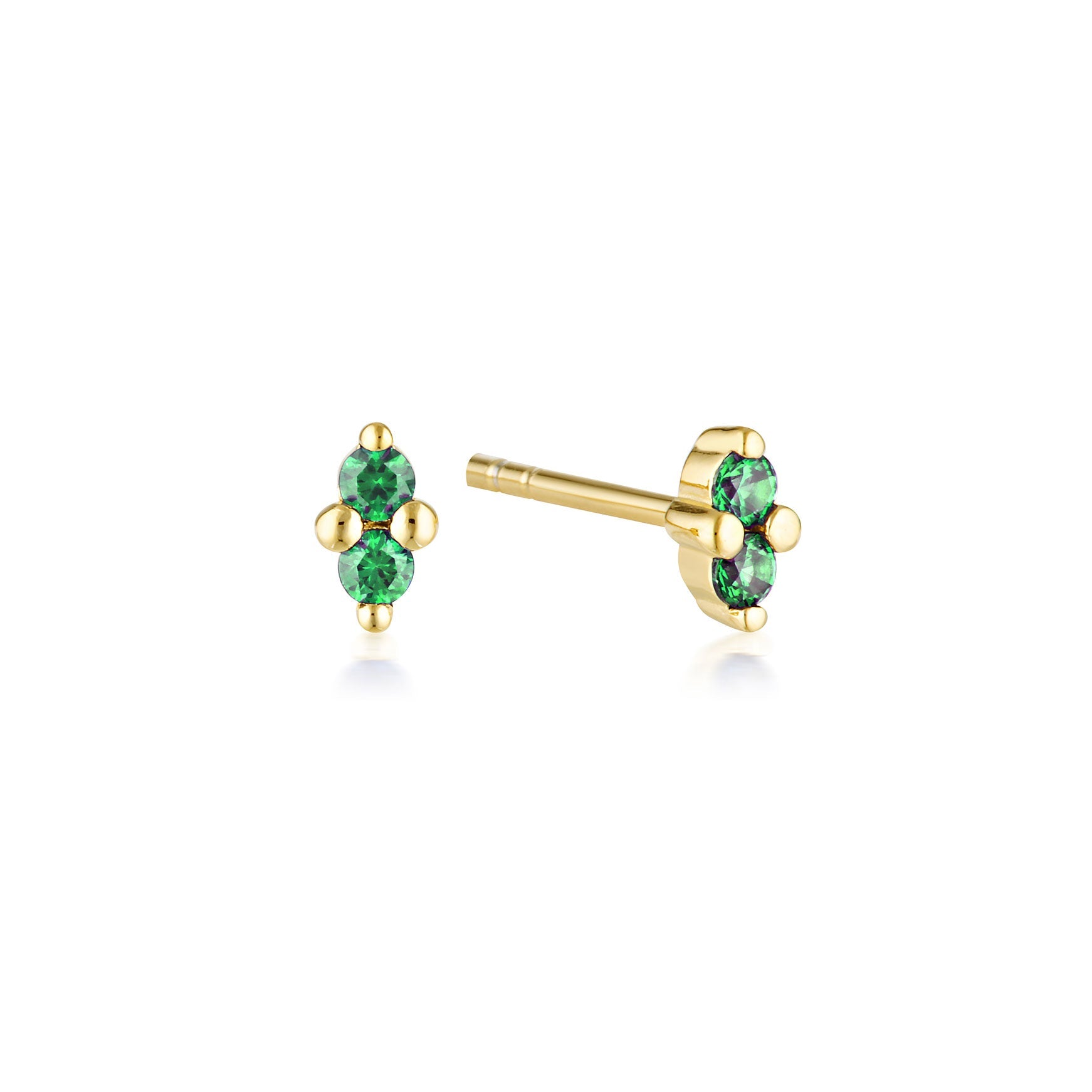 Linda Tahija emerald birthstone stud earrings featuring gold settings, showcasing elegant gemstone detail and classic design.