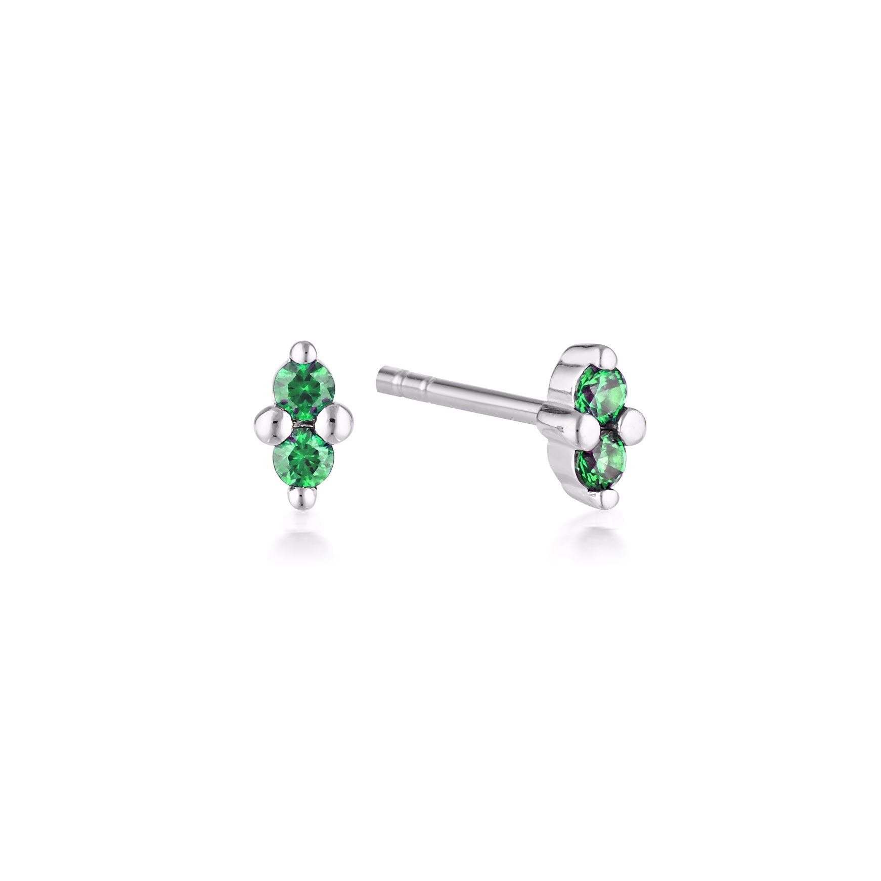 Silver birthstone stud earrings featuring May's emerald gemstone by Linda Tahija, elegant and sparkling jewelry for special occasions.