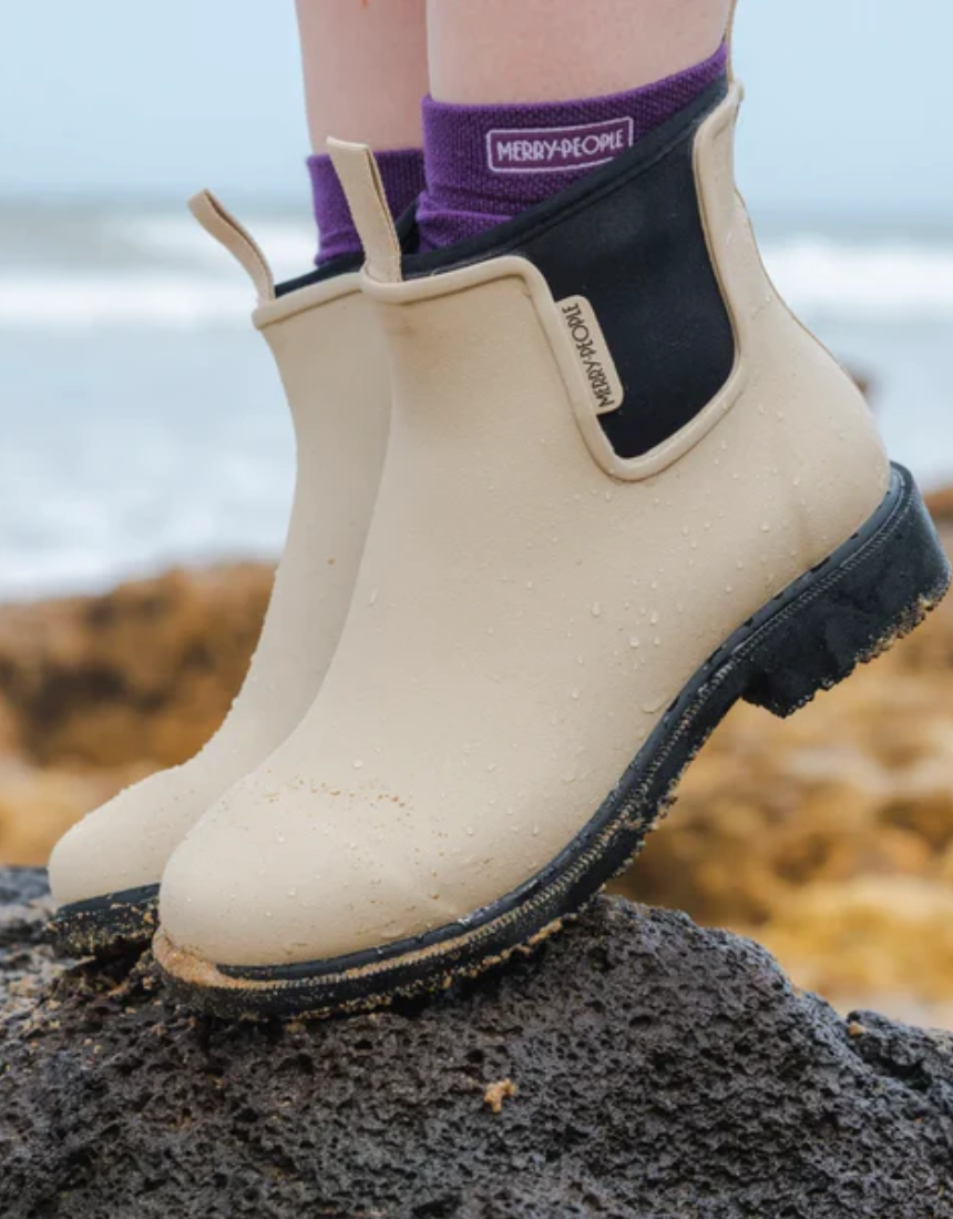 Merry People Bobbi Gumboot Sand shoes in tan with waterproof rubber soles and stylish design, perfect for rainy weather.