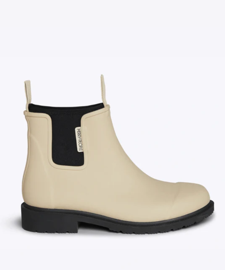 Merry People Bobbi Gumboot Sand shoes in beige with black soles, waterproof rubber footwear for wet weather.