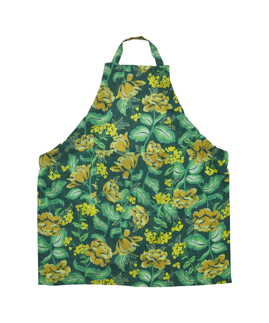 Sage x Clare Margot linen apron with adjustable straps and floral pattern, designed for cooking and baking.