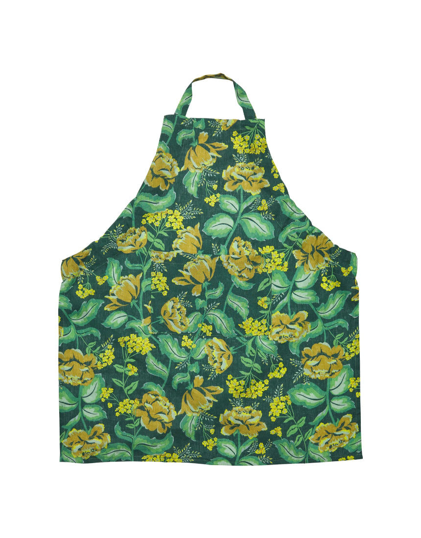 Sage x Clare Margot linen apron with adjustable straps and floral pattern, designed for cooking and baking.