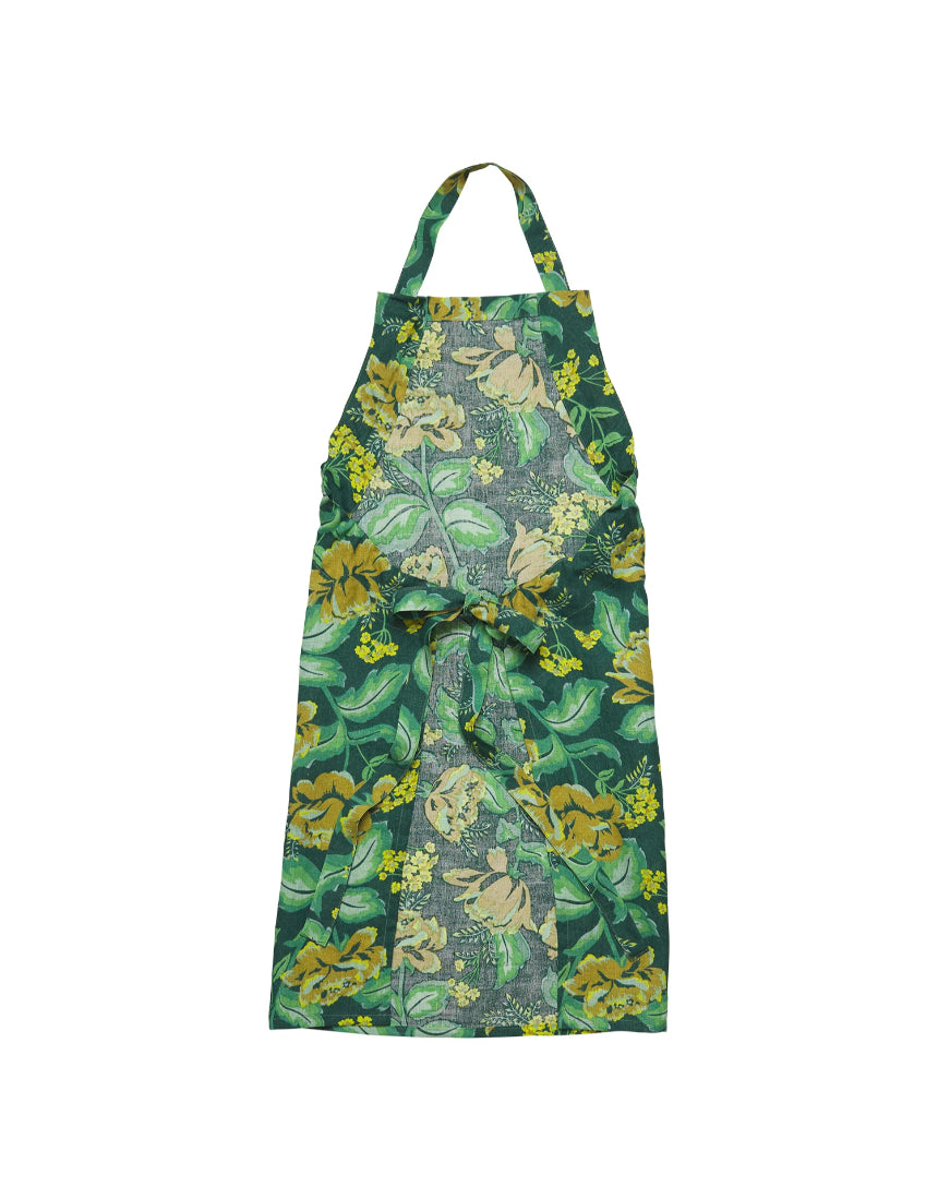 Sage x Clare Margot linen apron with adjustable neck strap and floral pattern, designed for cooking and baking.