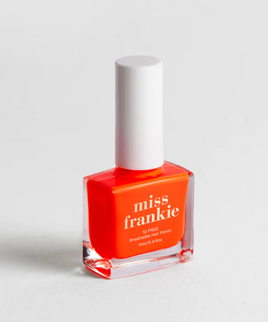 Miss Frankie Shall We Tango nail polish bottle with deep red color and glossy finish, showcasing the product's packaging and vibrant shade.