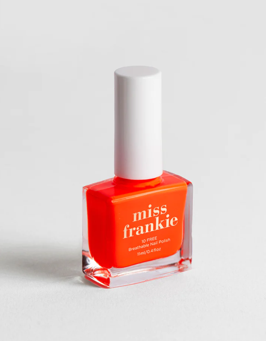 Miss Frankie Shall We Tango nail polish bottle with deep red color and glossy finish, showcasing the product's packaging and vibrant shade.