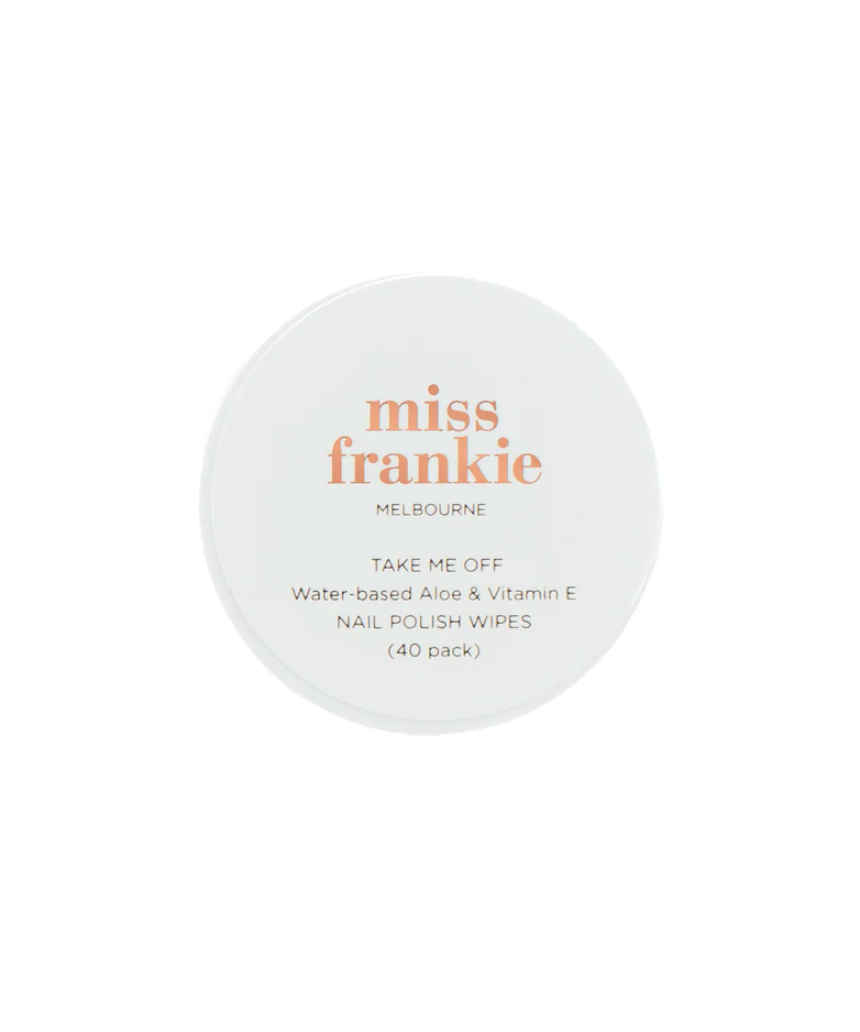 Miss Frankie Take Me Off nail polish bottle with white cap and clear glass showcasing the polish inside.