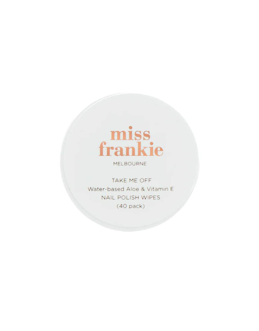 Miss Frankie Take Me Off nail polish bottle with white cap and clear glass showcasing the polish inside.
