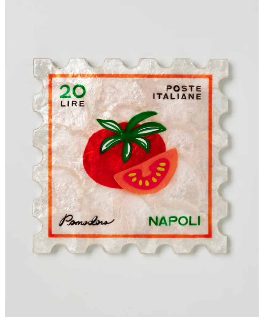 Jones & Co Pomodoro Stamp wall decor featuring a vintage-inspired red and white ceramic stamp design for rustic style.