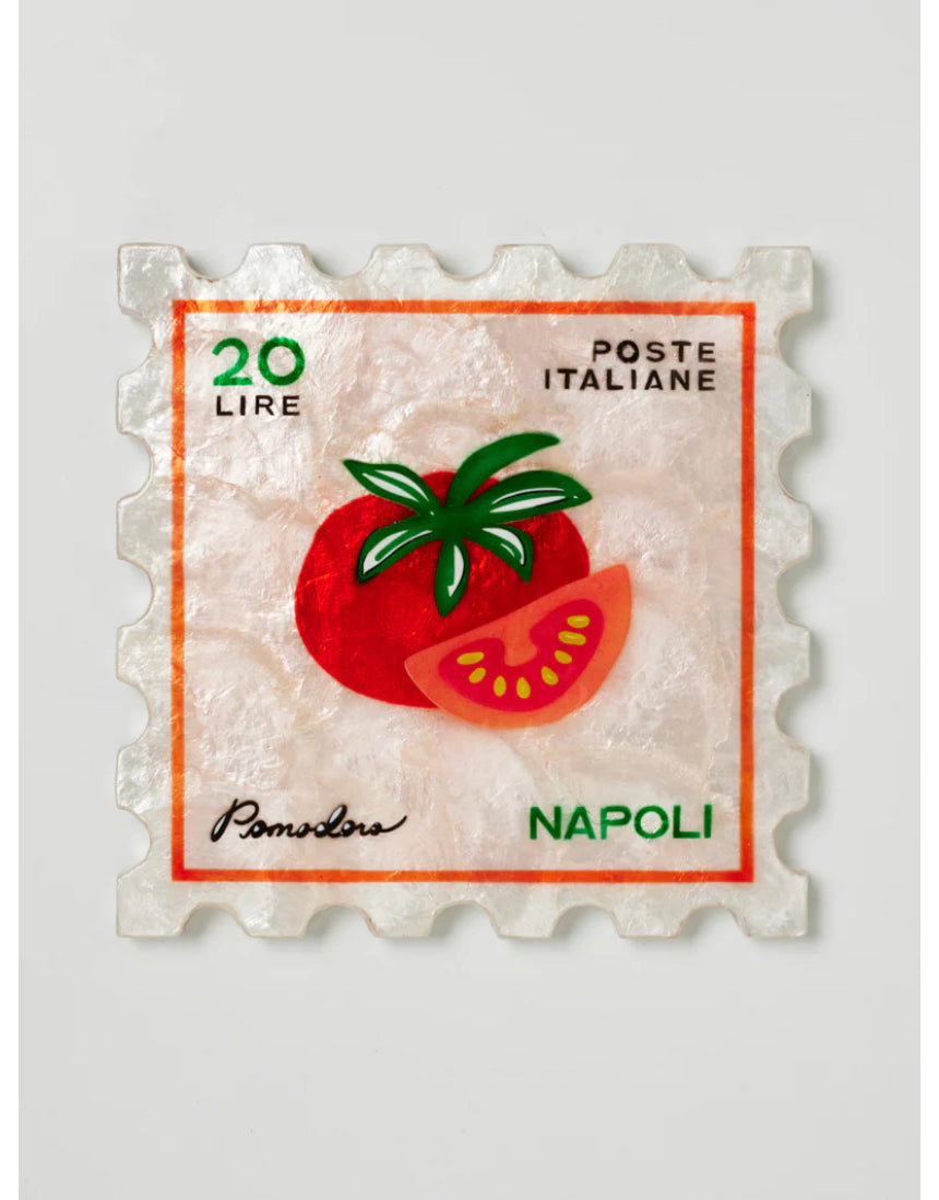 Jones & Co Pomodoro Stamp wall decor featuring a vintage-inspired red and white ceramic stamp design for rustic style.