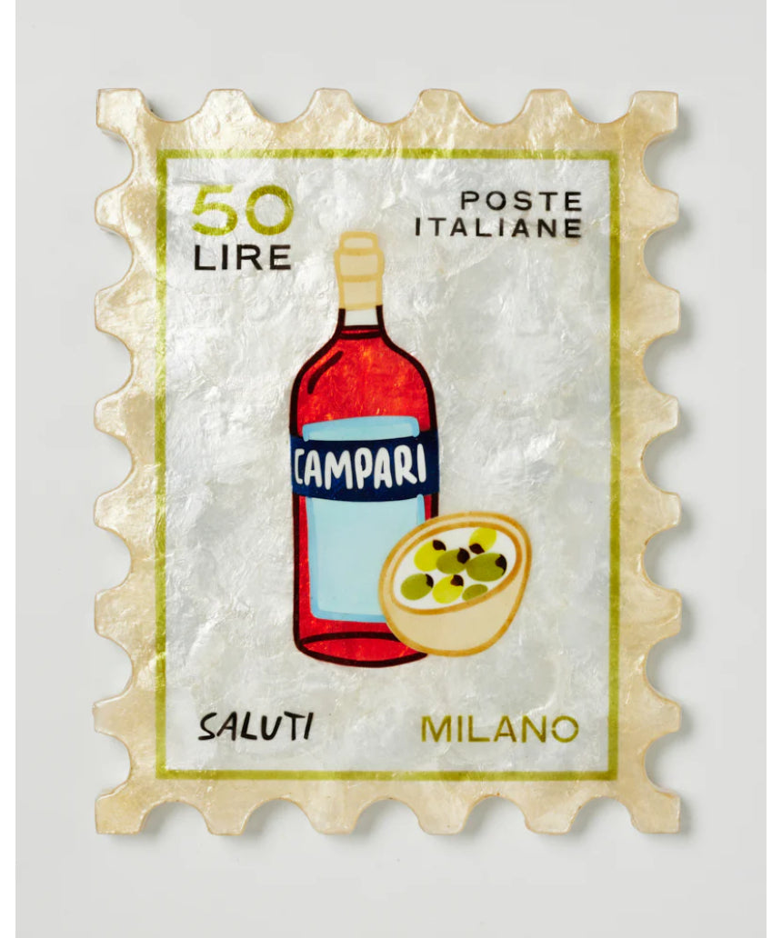 Jones & Co Campari stamp wall decor featuring vintage-inspired red and white graphic design for retro interior accents.