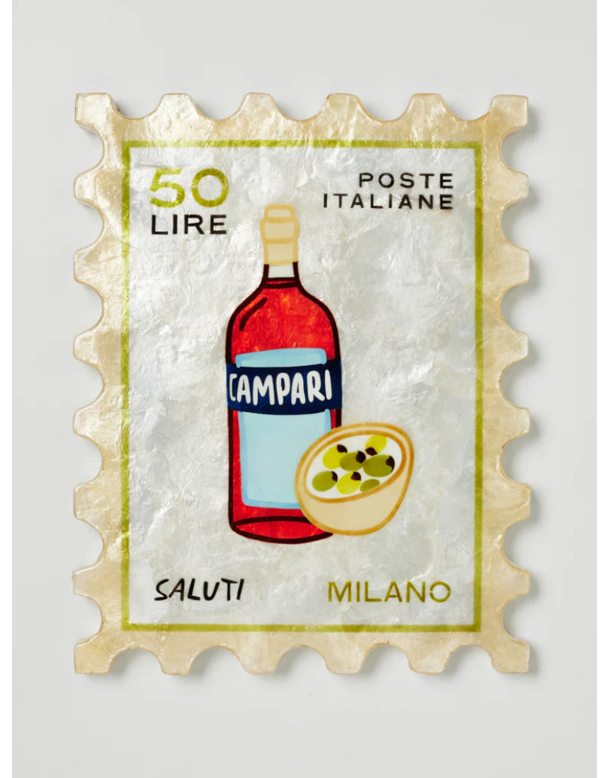 Jones & Co Campari stamp wall decor featuring vintage-inspired red and white graphic design for retro interior accents.