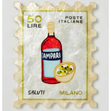 Jones & Co Campari stamp wall decor featuring vintage-inspired red and white graphic design for retro interior accents.