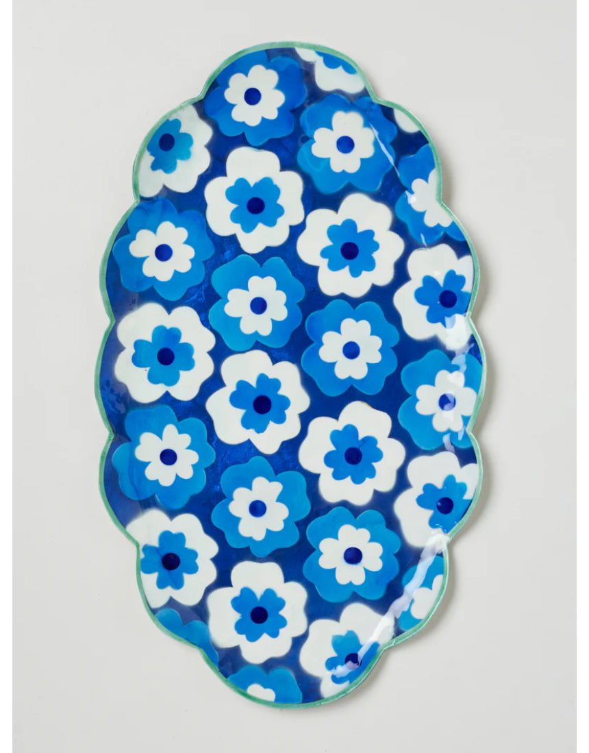 Jones & Co Poppy Blue Tray with floral pattern, rectangular shape, and vibrant blue and white design for decorative or serving use.