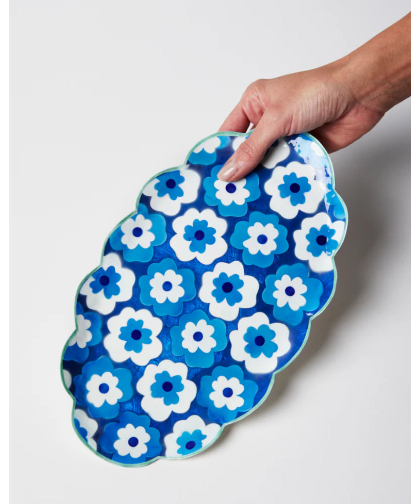 Jones & Co Poppy Blue Tray featuring a floral design with blue and white patterns on a wooden tray surface.