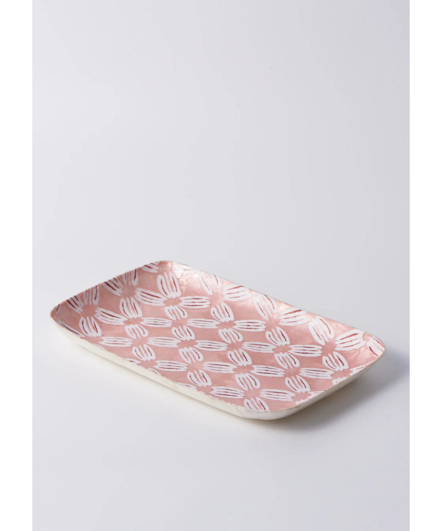 Jones & Co Atlantic Pink Ikat Tray featuring vibrant pink and blue ikat pattern on a rectangular serving tray.