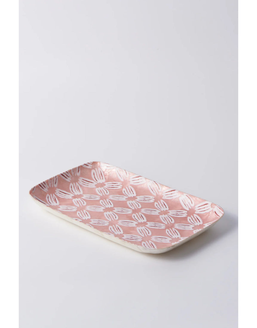 Jones & Co Atlantic Pink Ikat Tray featuring vibrant pink and blue ikat pattern on a rectangular serving tray.