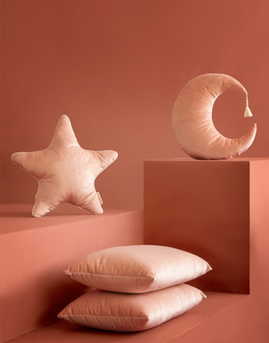 Nobodinoz Aristote Star Velvet Cushion in Bloom Pink, 40x40 cm, soft plush fabric with star design for cozy decor