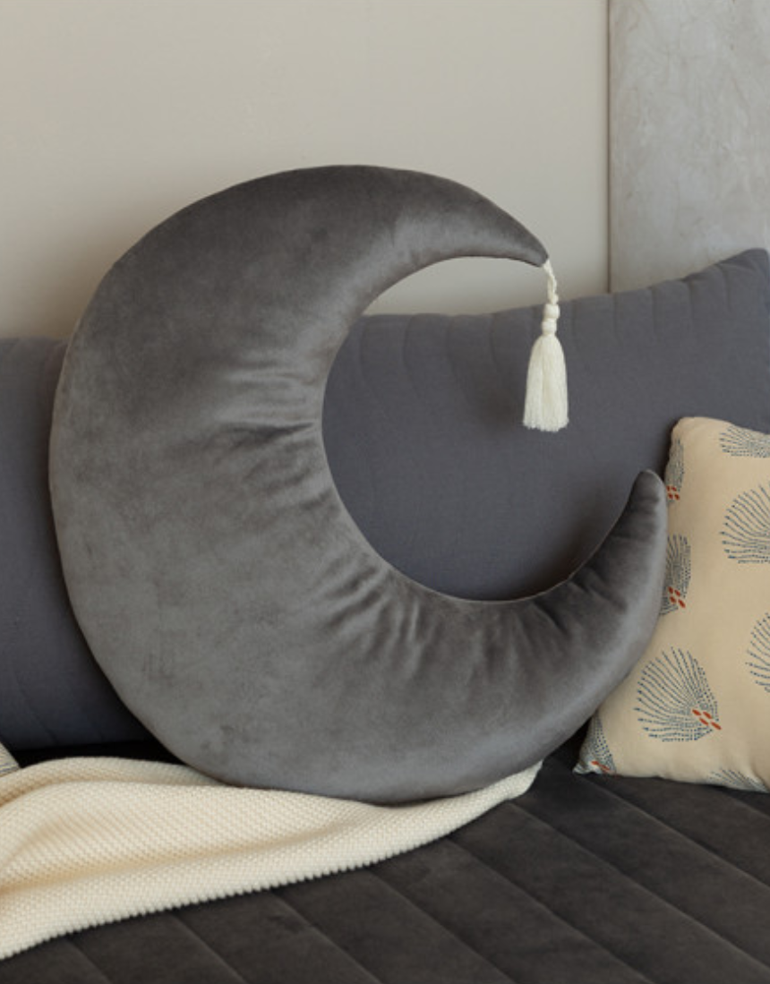 Nobodinoz Pierrot Moon Velvet Cushion in Bloom Pink, 36x32 inches, soft fabric with plush texture and decorative design.