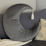 Nobodinoz Pierrot Moon Velvet Cushion in Bloom Pink, 36x32 inches, soft fabric with plush texture and decorative design.
