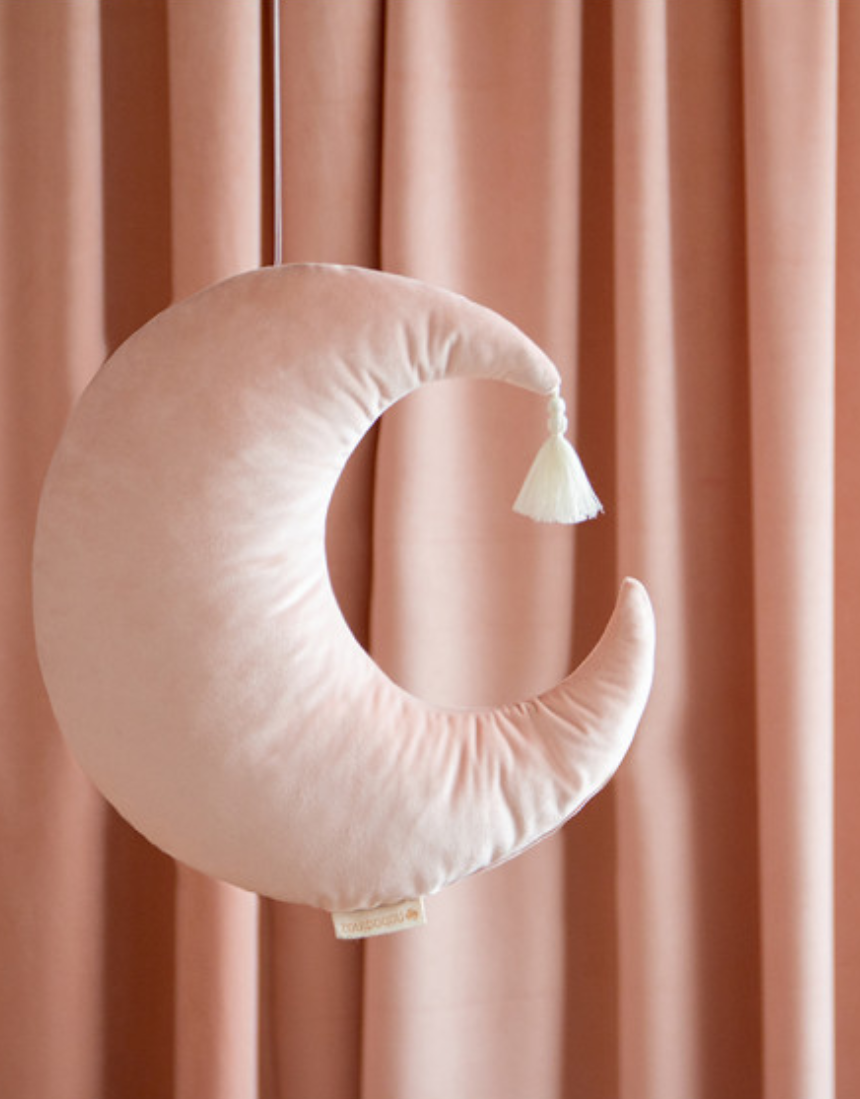 Nobodinoz Pierrot Moon Velvet Cushion in Bloom Pink, 36x32 inches, soft plush fabric with a stylish, cozy design.