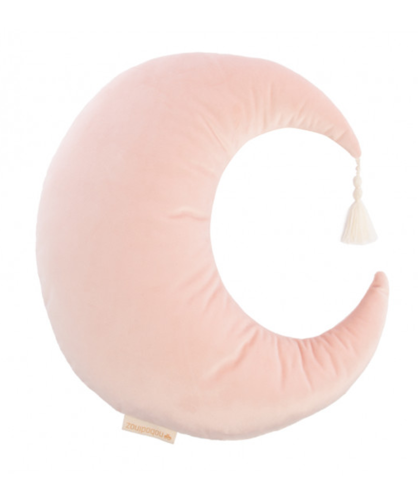 Nobodinoz Pierrot Moon Velvet Cushion in Bloom Pink, 36x32 inches, soft plush fabric with decorative pillow design.