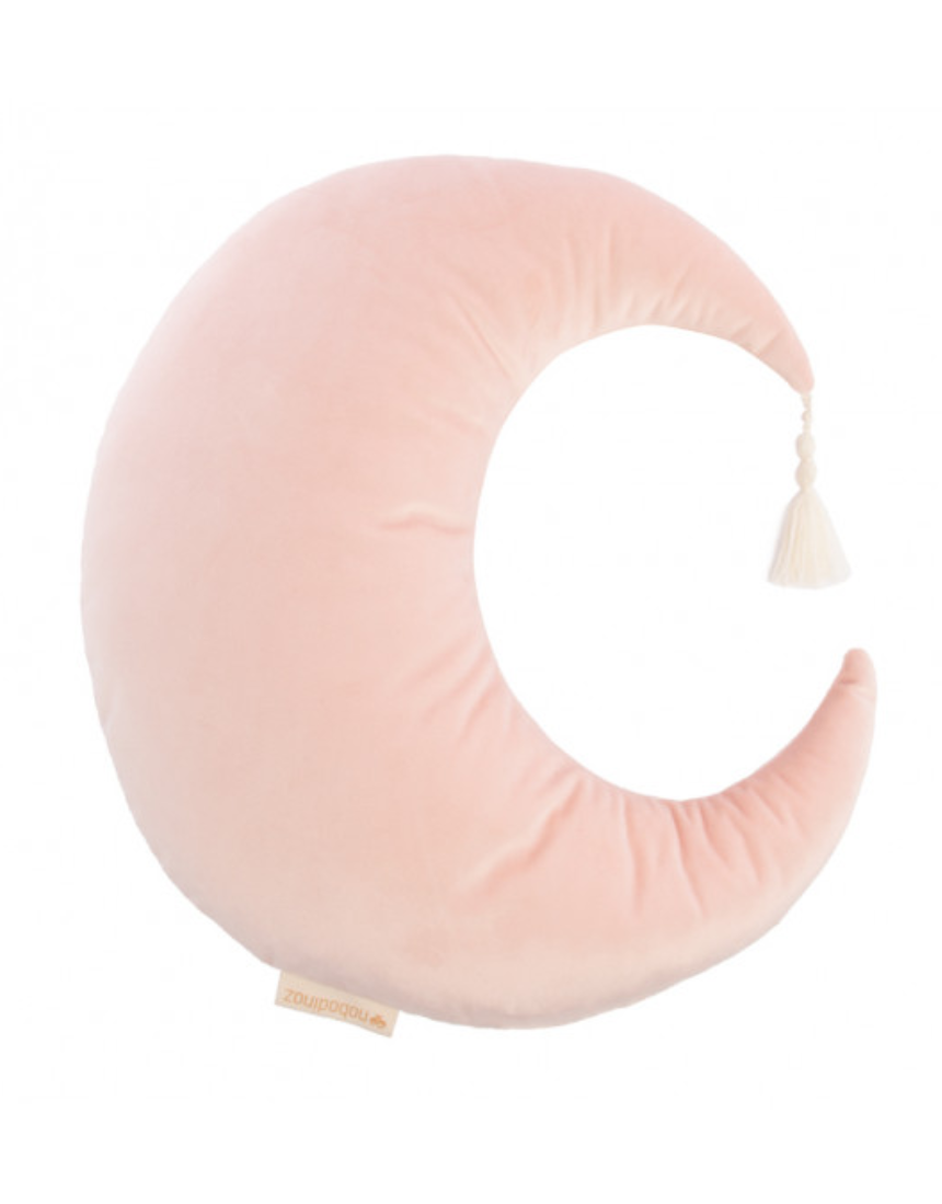 Nobodinoz Pierrot Moon Velvet Cushion in Bloom Pink, 36x32 inches, soft plush fabric with decorative pillow design.
