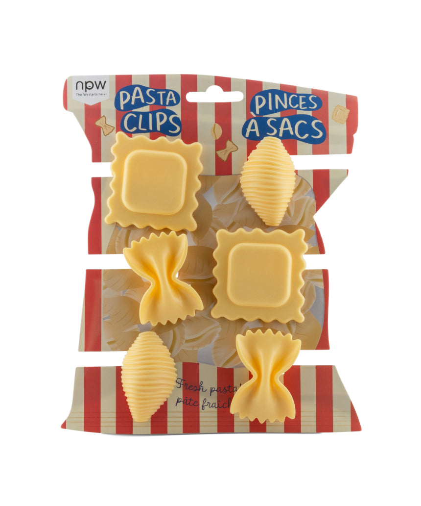 Set of 6 isAlbi pasta bag clips in Italian summer design, kitchen accessories for sealing and organizing pasta bags.