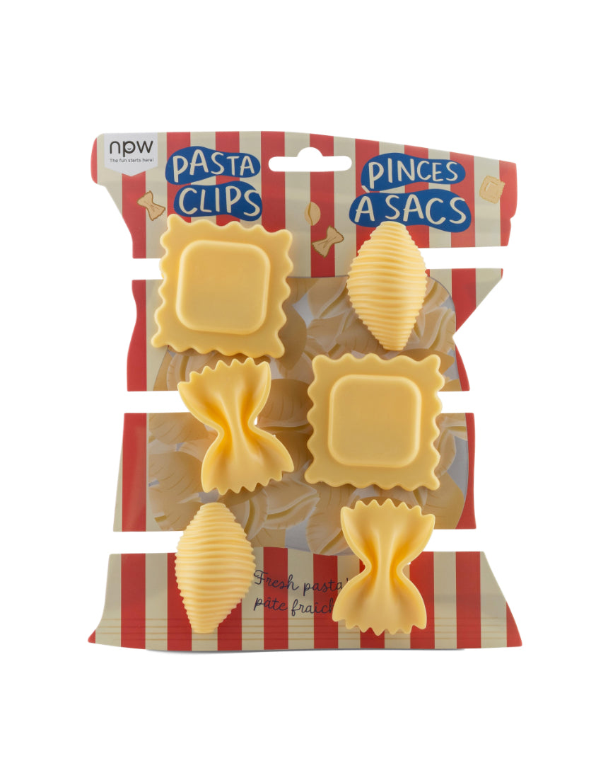 Set of 6 isAlbi pasta bag clips in Italian summer design, kitchen accessories for sealing and organizing pasta bags.