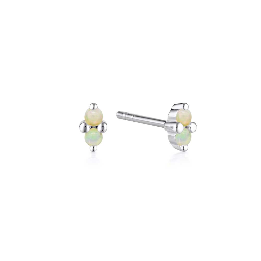 Linda Tahija October birthstone opal stud earrings in silver, showcasing elegant jewelry with vibrant gemstone details.