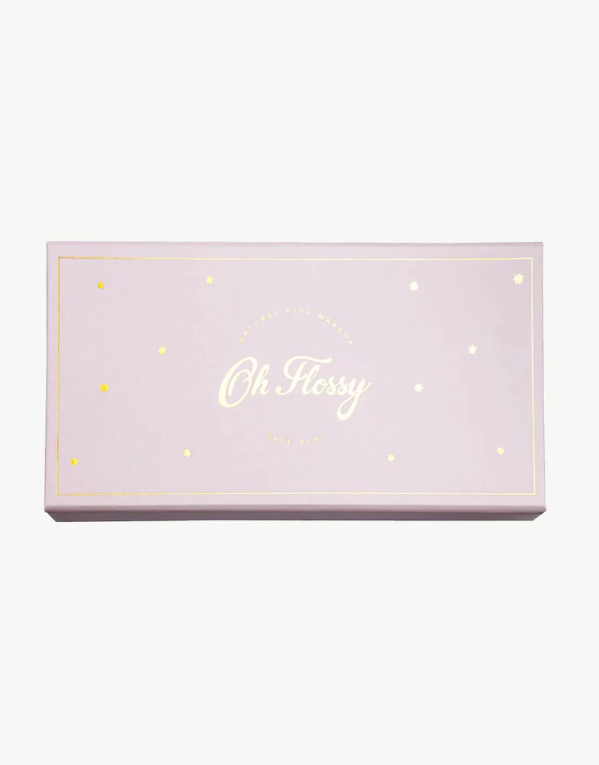 Kids Oh Flossy Deluxe Makeup Set with colorful toy makeup, brushes, and accessories for imaginative play.