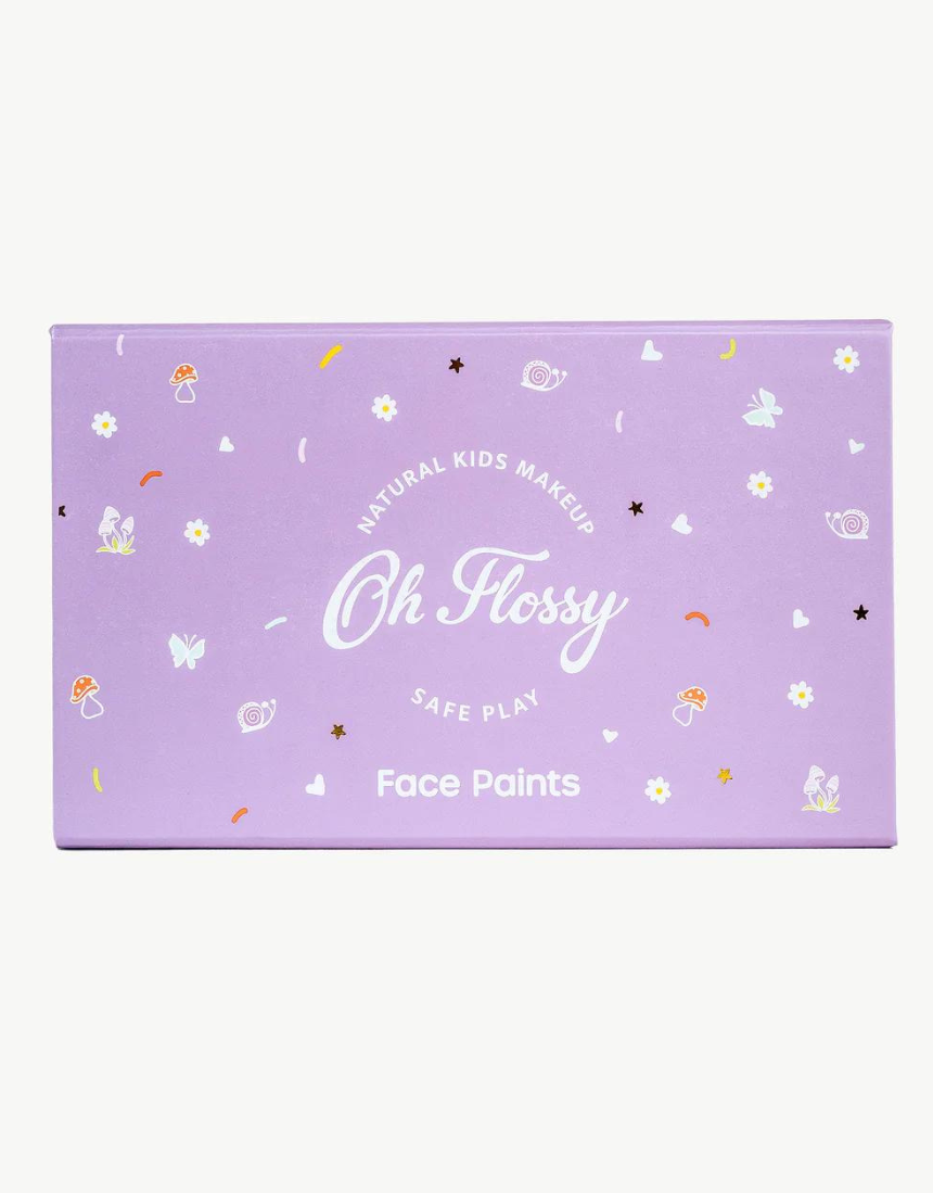 Kids face paint set by Oh Flossy featuring colorful garden-themed face paints and brushes for creative fun.