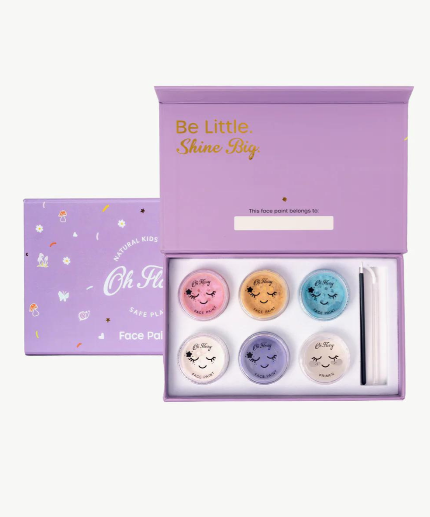 Kids face paint set from Oh Flossy featuring colorful garden-themed face paints and brushes for creative fun.