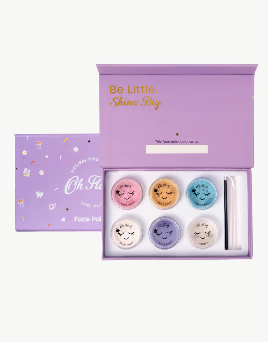 Kids face paint set from Oh Flossy featuring colorful garden-themed face paints and brushes for creative fun.