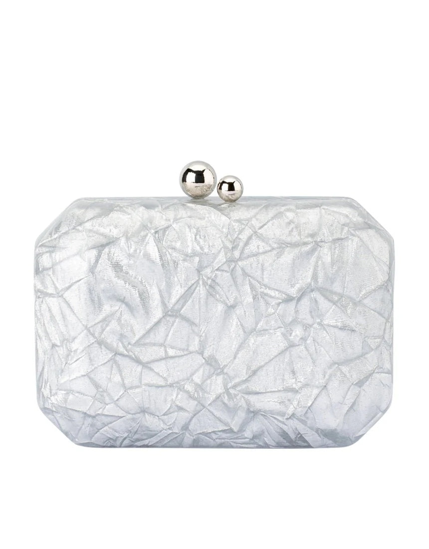 Olga Berg Mateo metallic silver clutch bag with sleek design and textured finish, perfect for evening events and formal occasions.