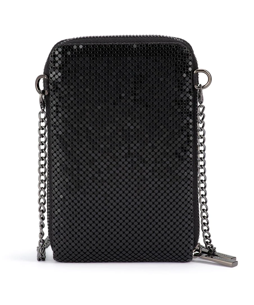 Olga Berg Elton mesh crossbody bag in black with adjustable strap and sleek design for everyday style.
