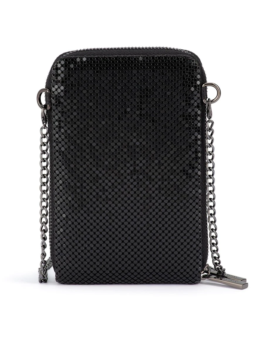 Olga Berg Elton mesh crossbody bag in black with adjustable strap and sleek design for everyday style.