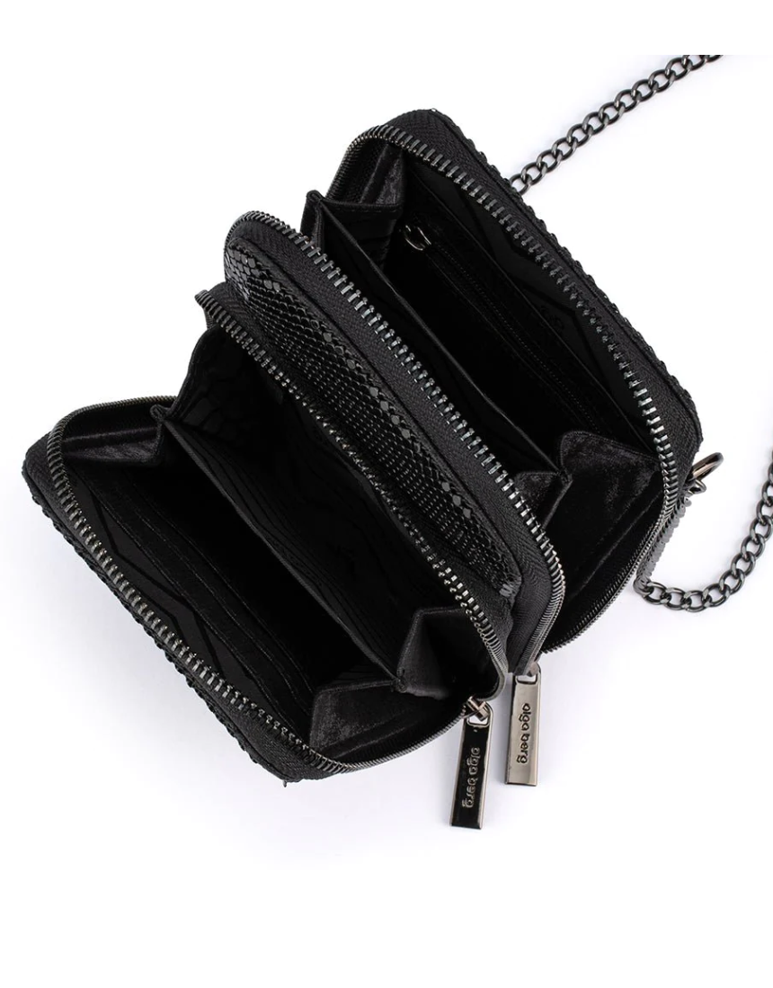 Olga Berg Elton mesh crossbody bag in black with adjustable strap and sleek design for stylish everyday use.