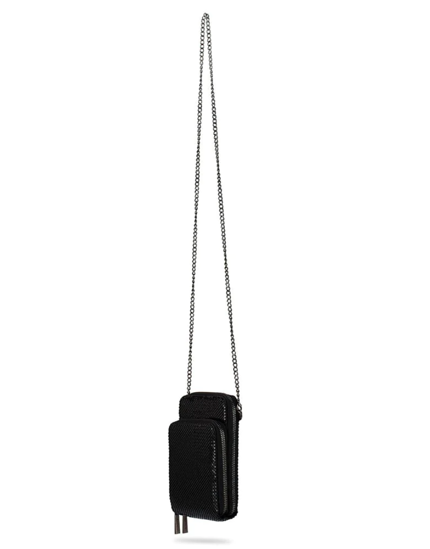 Black Olga Berg Elton mesh crossbody bag with adjustable strap and sleek design, perfect for stylish everyday use.