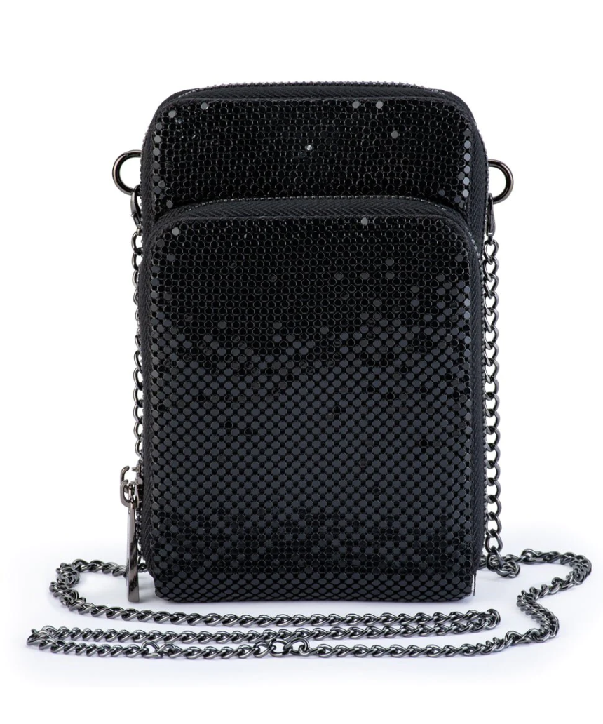 Black Olga Berg Elton Mesh Cross Body Bag with sleek design and adjustable strap, ideal for stylish everyday use.